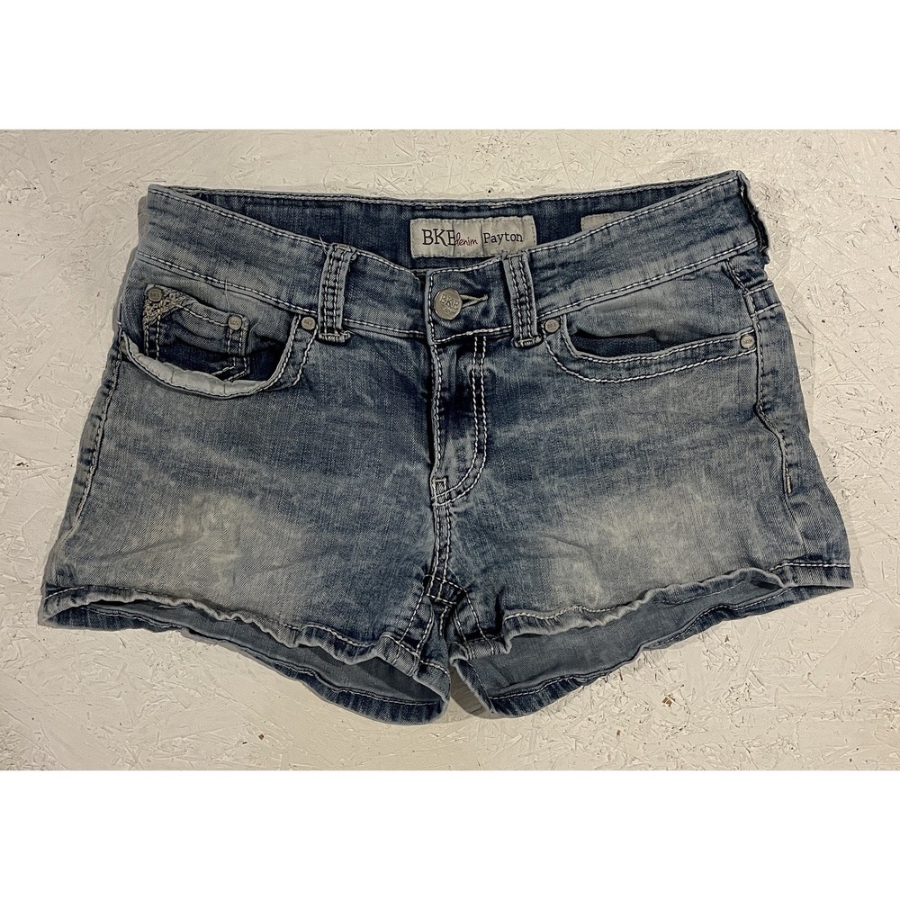 BKE Denim Payton Shorts Women's Sz 28 Blue Jeans Stretch Distressed 2.5" Inseam